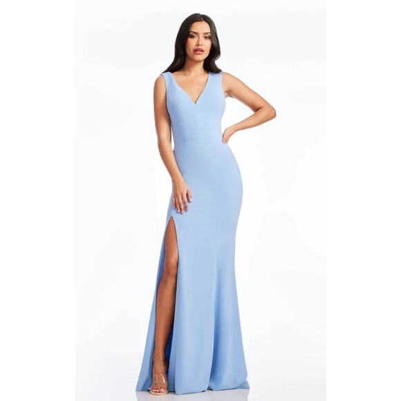 DRESS THE POPULATION Sandra Mermaid Gown Dress Large Sky Blue Stretch Crepe NWT - Picture 1 of 13